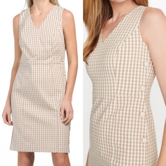 J. MCLAUGHLIN PAULSON V-NECK GINGHAM CUBAN SAND WHITE BUTTON SIDE SHEATH DRESS - Picture 2 of 15